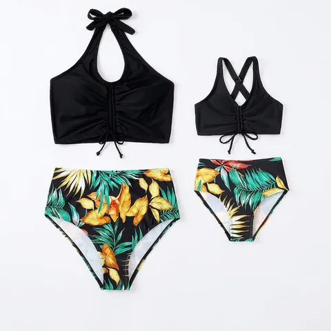 Neckholder Bikini Top Und High Waist Hose Mit Tropischem Blätterdruck Partnerlook Badeanzug Für Damen Mädchen