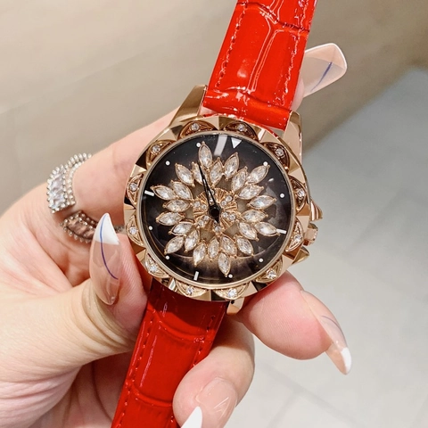 Fashion Women's Quartz Watch With Rotating Zirconia Flower Dial Genuine Leather Strap Rose Gold Alloy Case Luxury Wristwatch