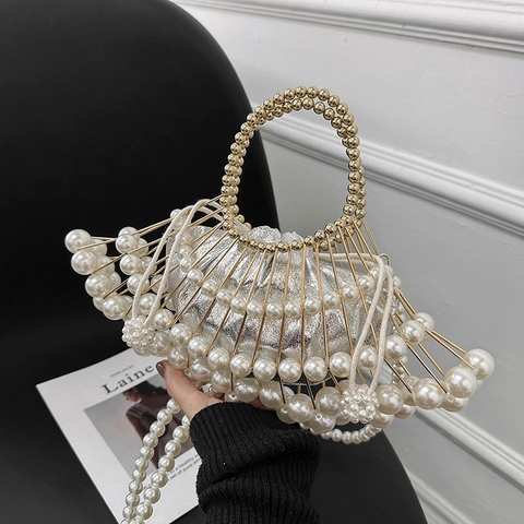 Bolso De Mano Con Perlas Artificiales De Imitación Para Mujer Bolso De Noche En Forma De Abanico Con Marco De Metal Y Cadena