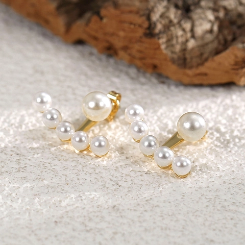 Elegant Copper 18K Gold Plated Artificial Pearl Arc Ear Jacket Stud Earrings For Women With 925 Sterling Silver Post