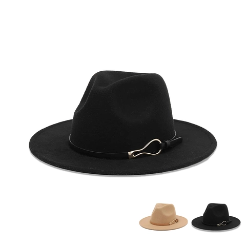 Wide Brim Fedora Hat Vintage Polyester Wool Felt Jazz Cap With Belt Decoration Gold Buckle Unisex Solid Color