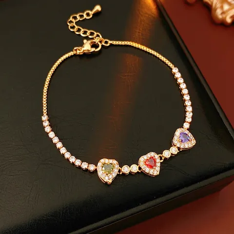 Bracciale Cuore Zircone Colorato Placcato Oro 18K Rame Regolabile Catena Gioielli Regalo Per Donne Moda Elegante
