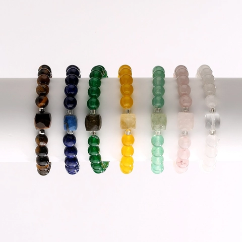 Natural Stone Beaded Bracelet With Square Focal Stone Tiger Eye Lapis Lazuli Chalcedony Handmade Elastic Jewelry