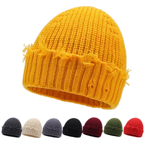 Bonnet En Tricot Décontracté Avec Bord Effiloché Streetwear Chaud Hiver Pour Hommes Femmes Côtelé Rétro Style Solide