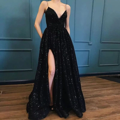 Women Sexy V Neck Sequined Evening Dress Spaghetti Strap High Slit Backless Formal Party Gown