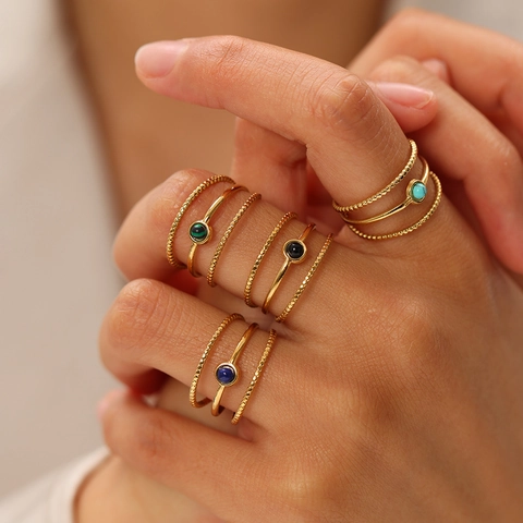 Retro Triple Layer Adjustable Ring 18K Gold Plated Stainless Steel Round Natural Stone Turquoise Agate Vintage Jewelry For Women