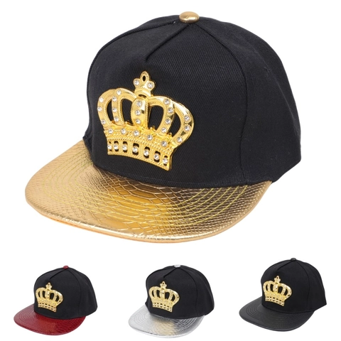 Gorra Hip Hop De Ala Plana Decoración De Corona De Strass Cuero PU Snapback Para Hombre Protección Solar Elegante