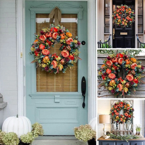 Artificial Fall Wreath With Pumpkin Rose Berries Leaves Autumn Thanksgiving Harvest Front Door Wall Hanging Decor