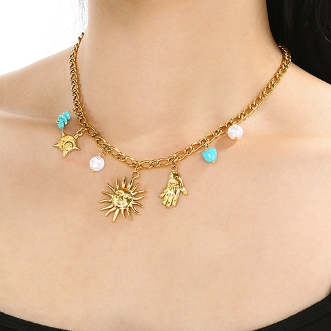 Collana Multi Pendenti In Acciaio Inossidabile Placcato Oro Con Sole Luna Stella Palmo Turchese Perla Artificial Zircone Cuore Gioielli Boho Donne
