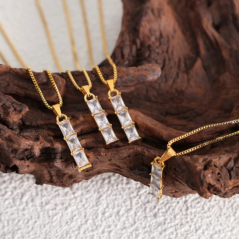 Titanium Steel Triple Rectangle Rhinestone Pendant Necklace Gold Color Box Chain For Women Elegant Fashion Jewelry Gift