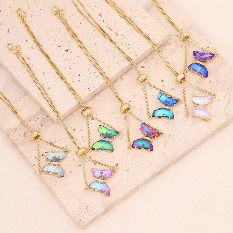 Bracciale A Farfalla In Rame Placcato Oro 18K Zircone Multicolore Chiusura A Scorrimento Regolabile Gioielli Da Donna