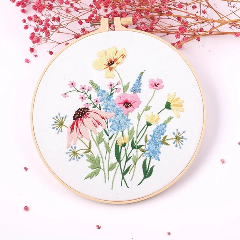 Kit Ricamo A Mano Fai Da Te Motivi Floreali Tessuto Cotone Lino Con Cerchio In Legno Per Principianti Decorazione Parete