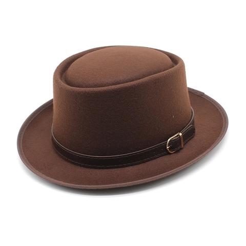 Chapeau Pork Pie En Feutre De Laine Vintage Avec Ceinture En Cuir Boucle Métallique Style Britannique Pour Hommes Femmes Décontracté