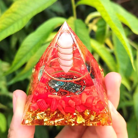 Orgonite Pyramid Healing Energy Tower Resin Natural Crystal Gold Foil Metal Handmade Mystical Spiritual Desktop Decor