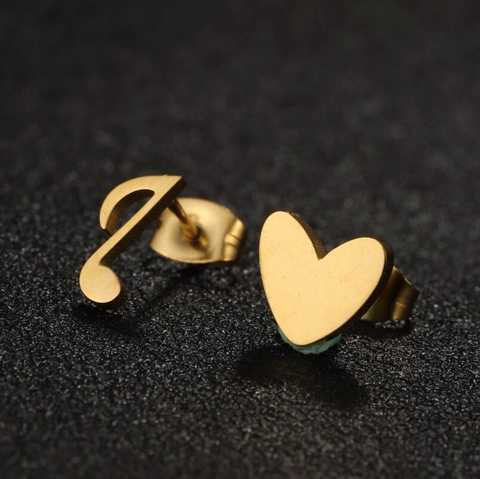 Asymmetric Musical Note And Heart Stud Earrings Vacuum Plated Stainless Steel Jewelry Fashionable Accessory For Women