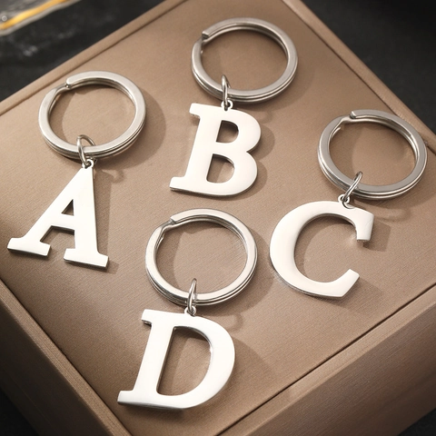Alphabet Initial Letter Keychain Stainless Steel Silver Simple A-Z Keyring Pendant Gift For Women Men