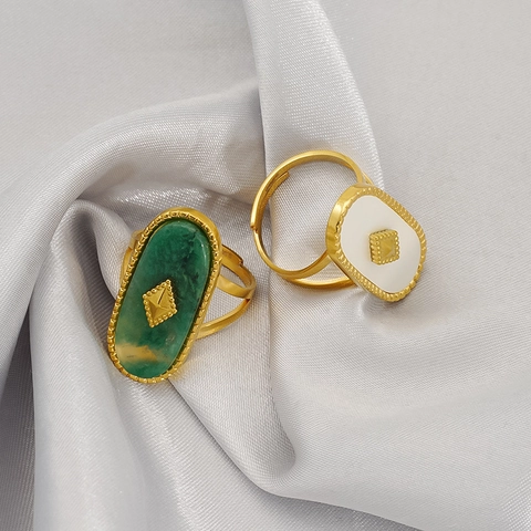 Anillo Ovalado Geométrico Vintage Chapado En Oro De 18K Acero Inoxidable Con Concha De Turquesa Joyería Abierta Ajustable Para Mujeres