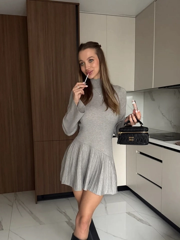 Vestido Corto De Punto Plisado Para Mujer Manga Larga Cuello Cisne Ajustado Elegante Casual Color Sólido