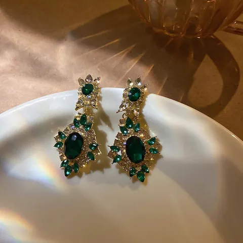Vintage French Court Emerald Green Rhinestone Earrings With 925 Sterling Silver Earring Post Elegant Jewelry For Women