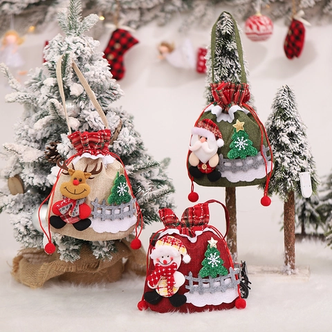 Christmas Gift Bag Linen Plaid Cloth Felt Drawstring Handbag Cartoon Santa Snowman Reindeer Doll Holiday Party Decor