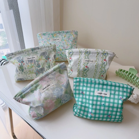 Floral Cotton Canvas Cosmetic Bag Small Makeup Pouch Zipper Storage Case For Women Daily Travel Use Fresh Style