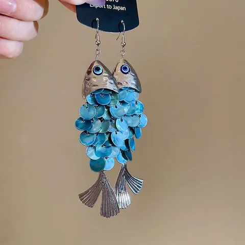 Pendientes Pez Lentejuelas Concha Poste Plata Ojo Turco Escamas Largas Vacaciones Playa Moda Bohemia Mujeres