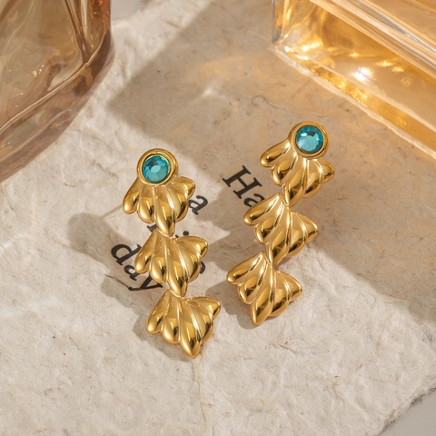 Lange Gestufte Muschel Ohrringe Edelstahl Blau Zirkon Inlay 18K Gold Plattiert Wasserdicht Lange Baumeln Schmuck Für Damen