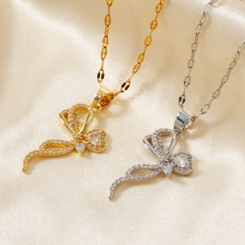 Elegante Koperen Lint Strik Vlinder Hanger Halsketting Voor Vrouwen Goud Zilver Strass Ingelegd Verstelbare Ketting Sieraden