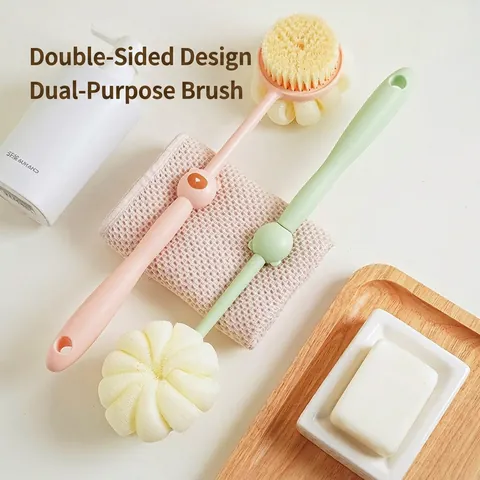 Brosse De Bain Double Face Manche Long Poils Souples Éponge À Dos Outil De Nettoyage Corporel Polyvalent