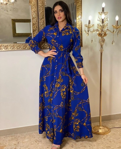 Vestito Maxi In Satin Retrò Stampa Catena Maniche Lunghe Risvolto Bottoni Con Cintura Elegante Donna