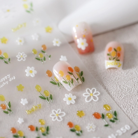 3D Relief Nail Art Stickers Tulip Flower Daisy Embossed Decals Elegant Floral Manicure Decoration DIY Lucky Happy