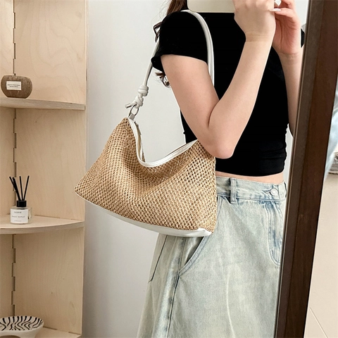 Woven Straw Hobo Bag For Women With PU Leather Knot Handle Large Capacity Summer Vacation Shoulder Handbag