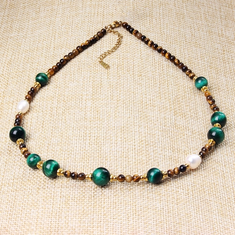 Tiger Eye Beaded Necklace Green Agate Artificial Pearl Stainless Steel Niche Vintage High-end Collar Chain Jewelry For Women