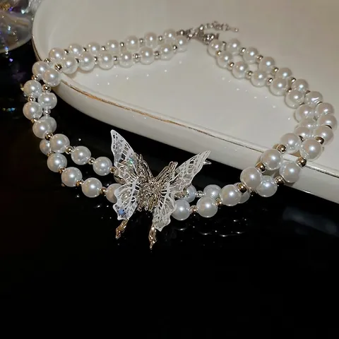 Collier Double Couche En Künstliche Perles De Verre Élégant Pendentif Papillon Creux Ras Du Cou Bijoux Pour Femmes