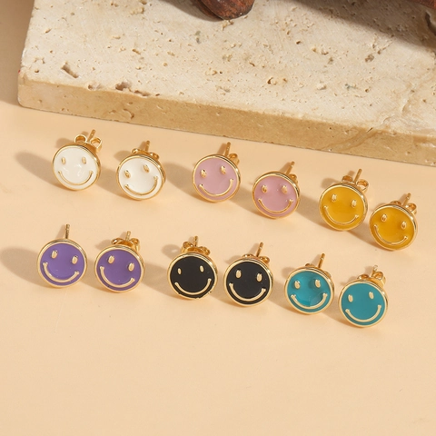 Cute Smiley Face Round Stud Earrings Copper Enamel Colorful Drip Oil Ear Jewelry Minimalist Dopamine Style For Women Girls