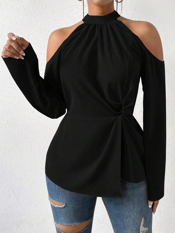 Women Cold Shoulder Halter Neck Long Sleeve T-Shirt Slim Fit Twist Knot Solid Color Polyester Elegant Casual Top