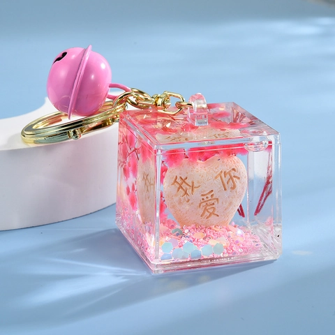 Llavero De Cubo Cuadrado Con Flores Secas Y Piedra Grabada Anillo De Resina Acrílica Para Parejas Regalo De Mochila