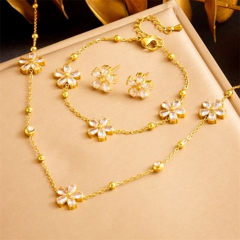 Parure de Bijoux Fleur Or en Acier Inoxydable Strass Incrusté Collier Bracelet Boucles d'Oreilles pour Femmes