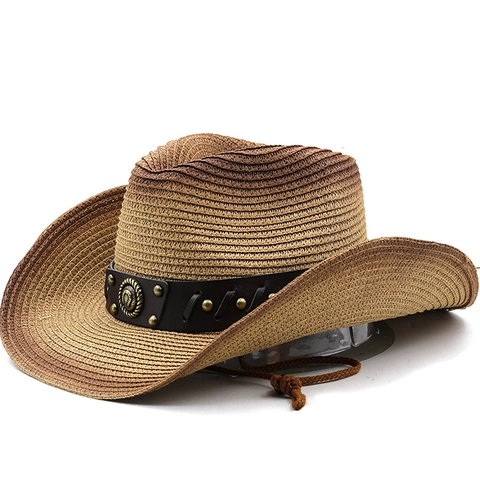 Western Cowboy Straw Hat Gradient Color Sun Protection Wide Brim Summer Beach Hat With Adjustable Chin Strap Men Women