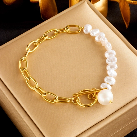 Bracciale a Catena Asimmetrico Punk Vintage Con Perla Artificiale Chiusura OT Gioielli in Acciaio al Titanio per Donne Ragazze Regalo