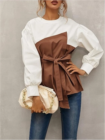 Dames Elegante Colorblock Blouse Lange Pofmouwen Taille Met Strik Onregelmatige Zoom Ronde Hals Polyester Shirt