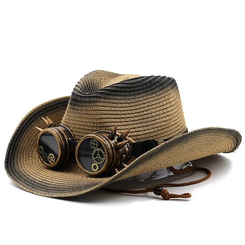Steampunk Western Cowboy Straw Hat With Gear Goggles Spikes Gradient Wide Brim Vintage Sun Hat For Men Women