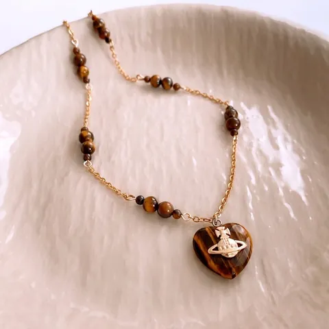 Retro Heart Tigers Eye Pendant Necklace Gold Alloy Beaded Chain Ethnic Style Vintage Jewelry For Women