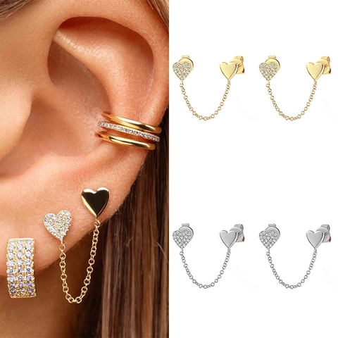 Herz Stecker Ohrringe Kupfer Verbundene Kette Micro Pave Zirkon Mode Schmuck Für Frauen Elegant Poliertes Herz