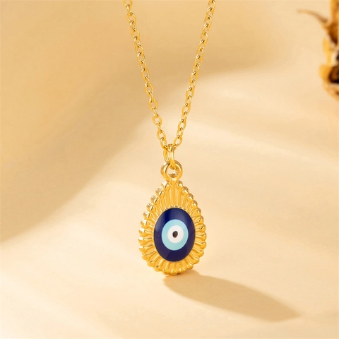 Evil Eye Wassertropfen Anhänger Halskette Edelstahl Vergoldet Blau Emaille Vielseitig Elegant Schmuck Für Damen