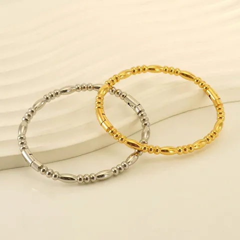 Brazalete De Mujer De Acero Inoxidable Bañado En Oro 18K Diseño De Cuentas Estilo Bambú Joyería Minimalista
