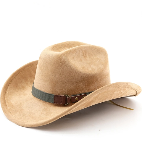 Western Cowboy Hat Faux Suede Felt Retro Wide Brim Ethnic Jazz Style Decorative Belt Buckle For Men Women