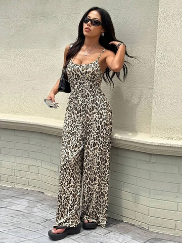Leopard Print Backless Jumpsuit Sleeveless Spaghetti Strap Wide Leg High Waist Knit Long Pants For Women