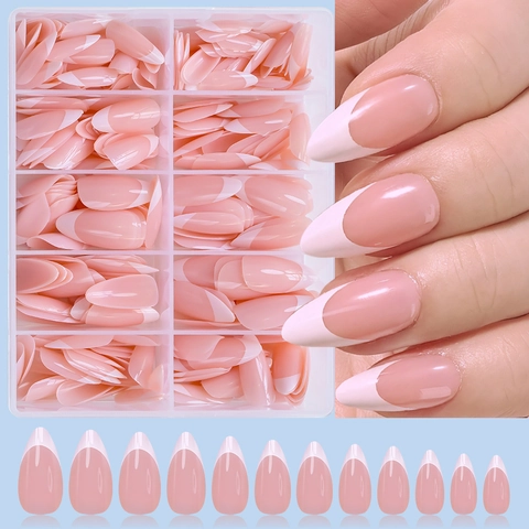 French Tip Press On Nails Almond Shape Pink White Glossy Full Cover Artificial Fake Nails Manicure For Women Elegant