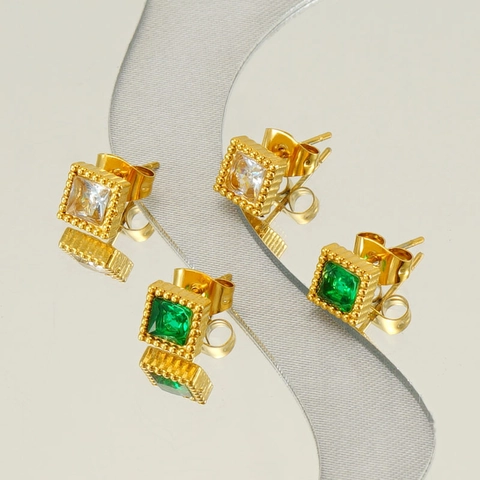 Square Zircon Stud Earrings Stainless Steel 18K Gold Plated Beaded Edge INS Style Jewelry For Women